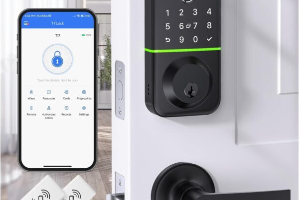 A smart lock installed on a modern home door, integrated with a home security system.